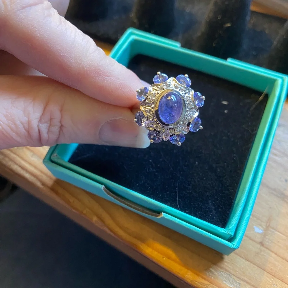 Sterling 925 Cabochon Tanzanite & Diamond Statement Cocktail Ring Size 7 - Picture 9 of 14